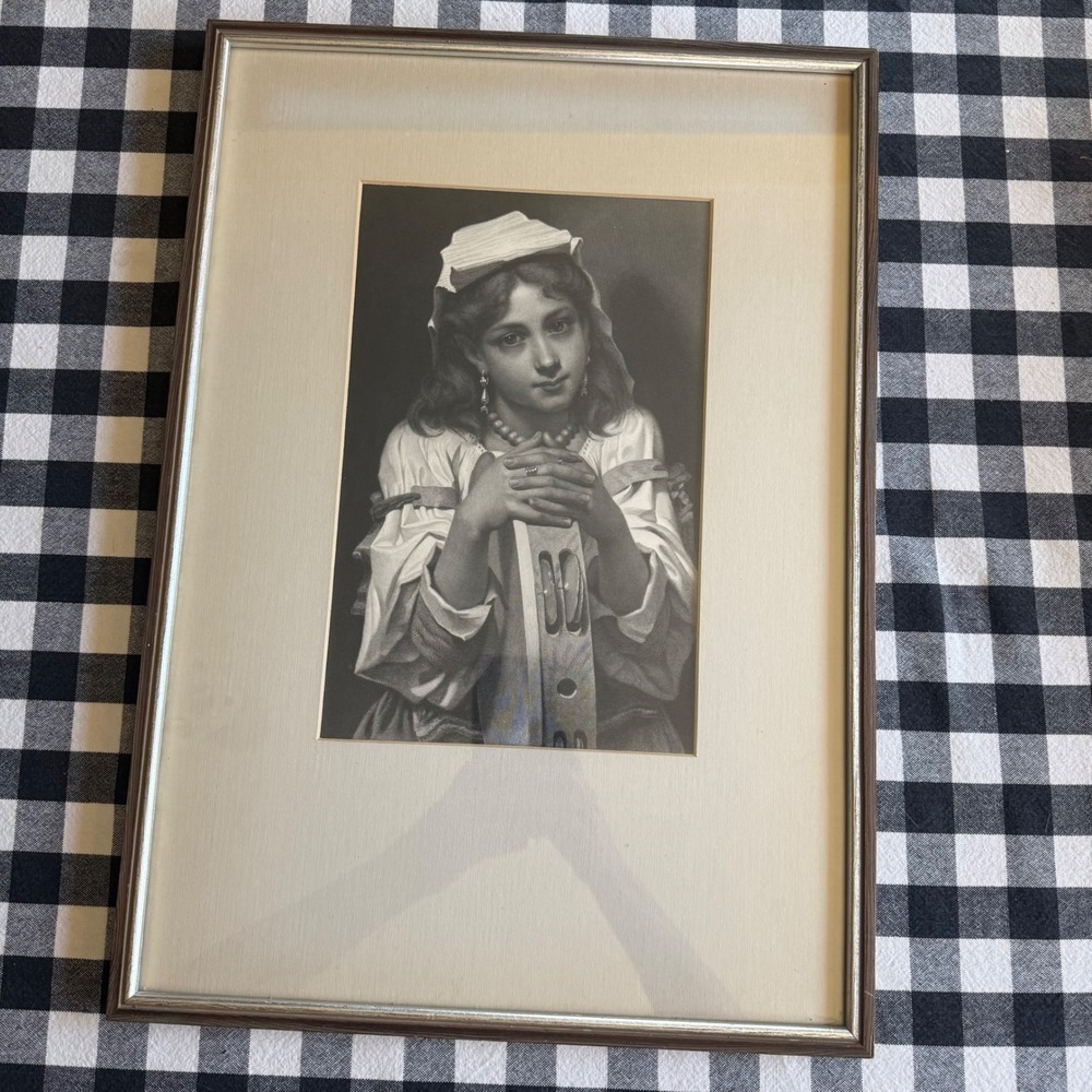 Vintage Framed Portrait Print Young Girl with Tambourine B&W Silver Frame 12x18 - Picture 2 of 8